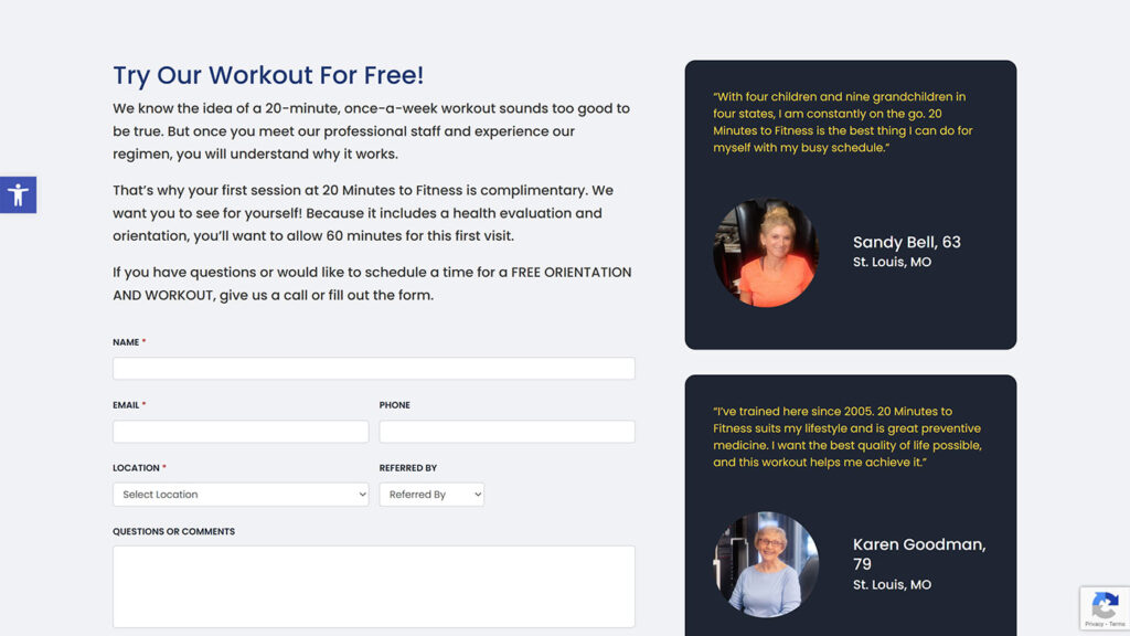 20 Minutes to Fitness website contact page screenshot
