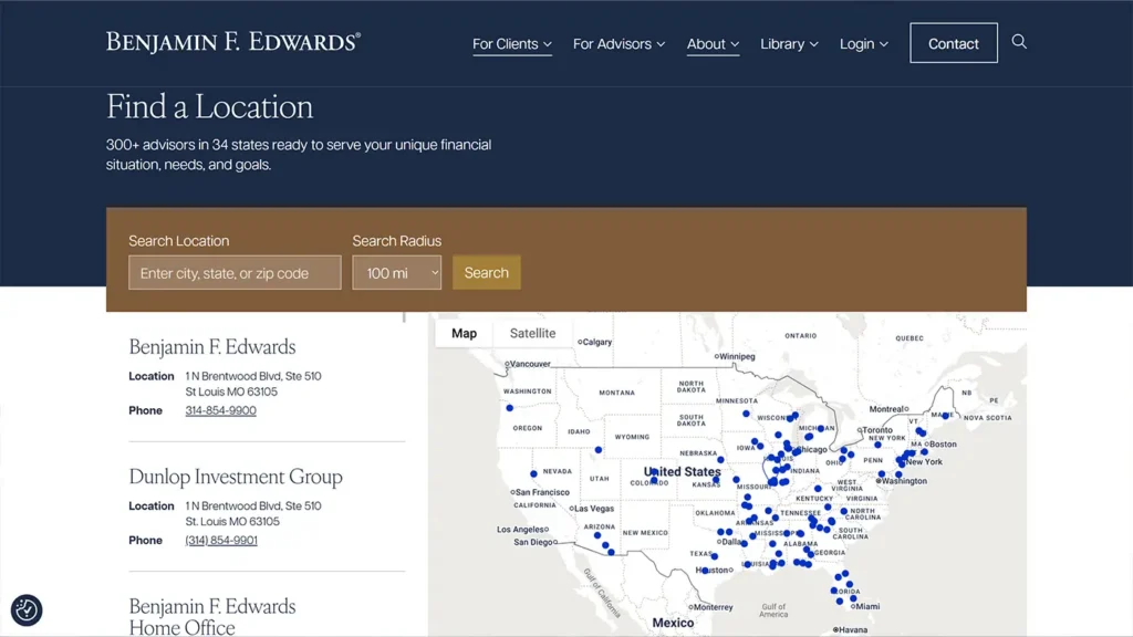 Screenshot of website design of branch locator for Benjamin F. Edwards.