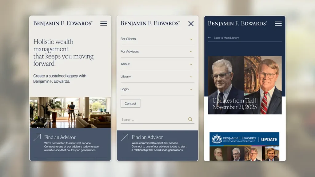 Screenshots of mobile website design for Benjamin F. Edwards.