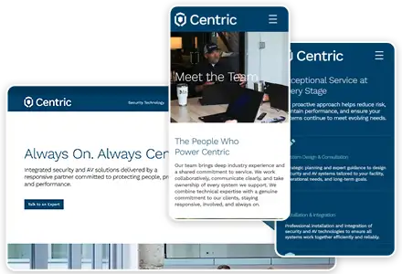 Screenshots of website redesign project for Centric Security.