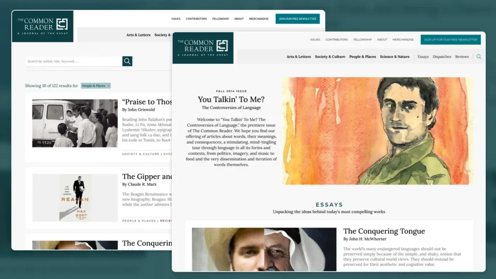 Multiple screenshots of The Common Reader's website in desktop view.