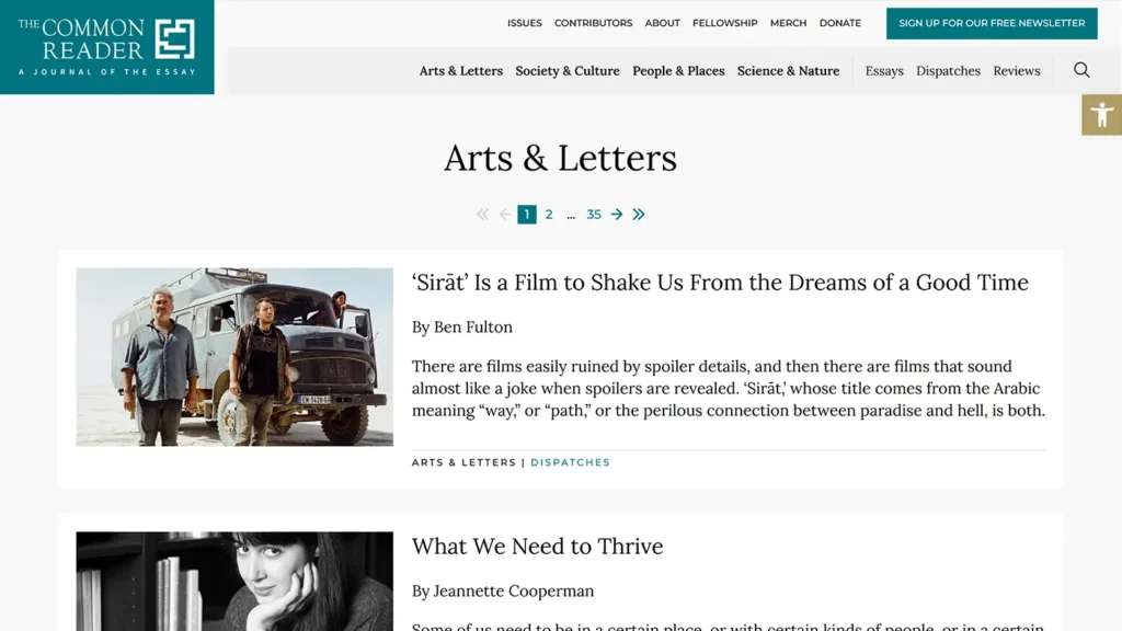 Screenshot of custom website design of the Arts & Letters page for The Common Reader.