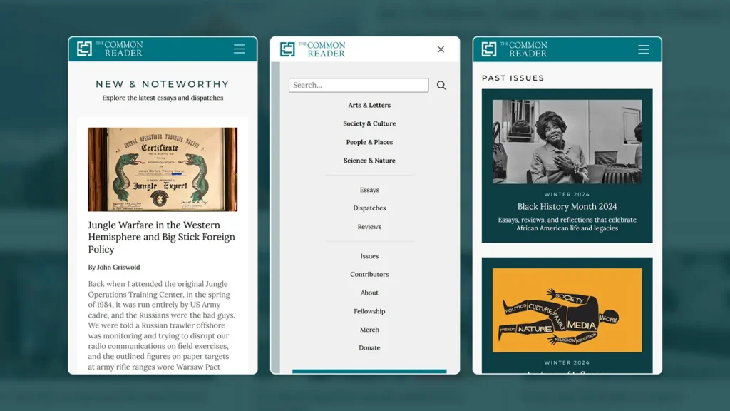 Several mobile screenshots of The Common Reader's website.