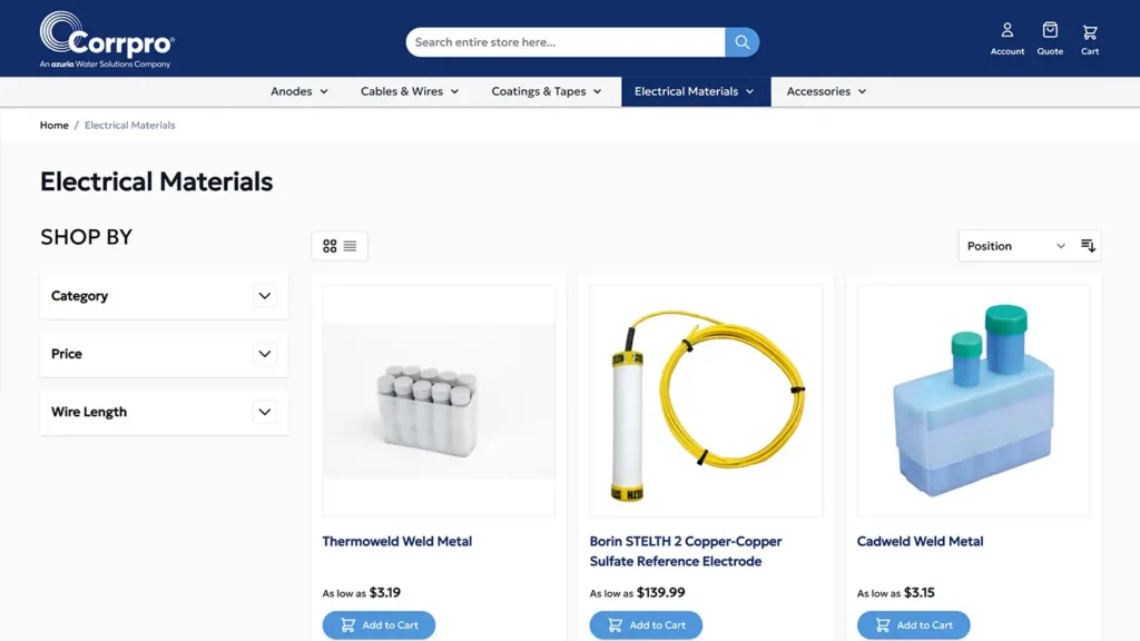 Corrpro ecommerce website design catalog page screenshot