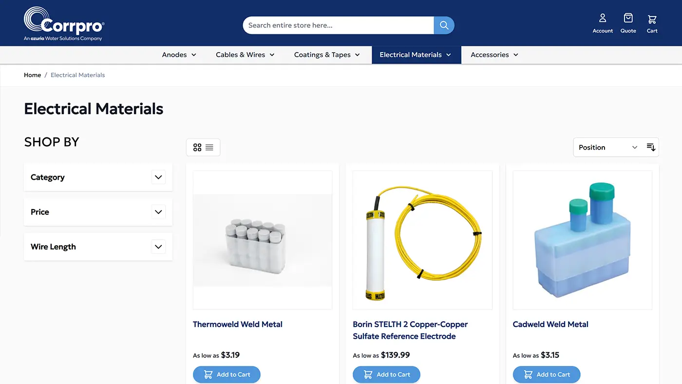 Corrpro ecommerce website design catalog page screenshot